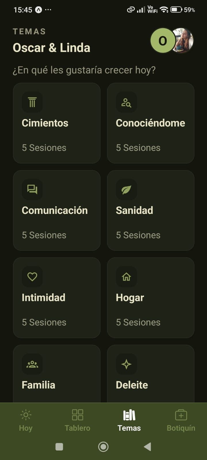 Pantalla de Temas de Edificación en la app