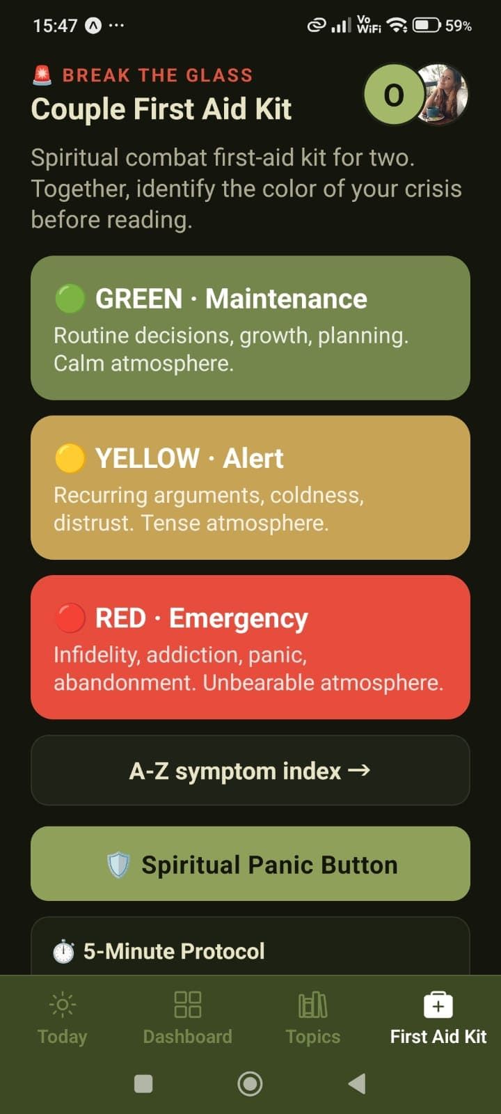 First-Aid Kit screen in the app